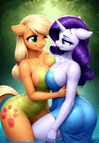 2girls animal_ears artist:furryfunparty blonde_hair blue_eyes breast_press breasts character:applejack character:Rarity dress female furrification furry furry_female furry_with_furry green_eyes horns horse_ears large_breasts lesbian long_hair looking_at_another low-tied_long_hair multiple_girls my_little_pony one_eye_closed personification purple_hair single_horn smile tail unicorn water wet yuri // 512x744 // 35KB