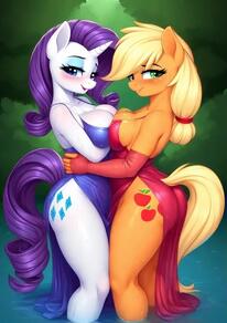 2girls animal_ears artist:furryfunparty ass bare_shoulders blonde_hair blue_eyes blush breast_press breasts character:applejack character:Rarity dress female furrification furry furry_female green_eyes horns horse_ears horse_tail large_breasts lesbian long_hair looking_at_viewer makeup multiple_girls my_little_pony personification purple_hair red_dress single_horn smile tail unicorn wading water wet yuri // 512x724 // 38KB