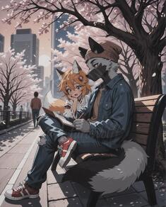accessory animal_ears anthro arm_support artist:arturo_wolff_(artist) asian_clothing beanie bench black_body black_fur bottomwear canid canid_humanoid canine canine_humanoid canis character:arturo_wolff character:senko_(sewayaki_kitsune_no_senko-san) cherry_blossom cherry_blossom_tree cherry_tree city city_background clothed clothing countershading crossed_legs crowd denim denim_clothing duo east_asian_clothing female flower footwear fox fox_humanoid fruit_tree fur grey_body grey_fur group hair hat headgear headwear hi_res holding_object human humanoid inner_ear_fluff jacket japanese_clothing jeans leather leather_clothing leather_jacket leather_topwear lolibaba looking_down male malefemale mammal mammal_humanoid notched_ear open_mouth outside pants park park_bench pencil_(object) petals plant public red_eyes reverse_countershading shoes sitting sitting_on_bench smile sneakers sun tail topwear tree tuft white_body white_fur wolf yellow_body yellow_fur // 1648x2048 // 183KB