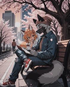 accessory animal_ears animated anthro arm_support artist:arturo_wolff_(artist) asian_clothing beanie bench black_body black_fur bottomwear canid canid_humanoid canine canine_humanoid canis character:arturo_wolff character:senko_(sewayaki_kitsune_no_senko-san) cherry_blossom cherry_blossom_tree cherry_tree city city_background clothed clothing countershading crossed_legs crowd denim denim_clothing duo east_asian_clothing female flower footwear fox fox_humanoid fruit_tree fur grey_body grey_fur group hair hat headgear headwear hi_res holding_object human humanoid inner_ear_fluff jacket japanese_clothing jeans leather leather_clothing leather_jacket leather_topwear lolibaba looking_down male malefemale mammal mammal_humanoid notched_ear open_mouth outside pants park park_bench pencil_(object) petals plant public red_eyes reverse_countershading shoes sitting sitting_on_bench smile sneakers sound_warning sun tail topwear tree tuft white_body white_fur wolf yellow_body yellow_fur // 566x704, 10s // 2.8MB