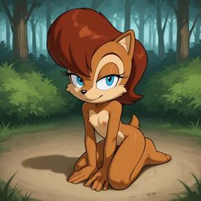 1girl animal_ears animal_nose artist:Spazzle barefoot blue_eyes body_fur brown_fur brown_hair bush character:sally_acorn closed_mouth completely_nude day flat_chest forest full_body furry furry_female grass kneeling loli looking_at_viewer nature nipples nude outdoors sitting smile solo tail tree two-tone_fur // 1024x1024 // 50KB