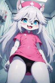 1girl animal_ear_fluff animal_ears animal_nose artist:furryfunparty black_panties blue_eyes blush body_fur character:yuki curtains female from_below furry furry_female hat indoors loli long_hair looking_at_viewer nurse nurse_cap open_mouth panties pink_dress short_sleeves smile solo tail underwear white_hair young // 512x768 // 43KB