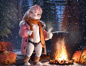artist:exhor bonfire boots bunny calendar character:Usagi coat flat_chest lace_panties November orance_eyes pink_hair scarf snow snowing white_fur Winter_coat // 1600x1216 // 199KB