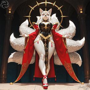 1girl animal_ears artist:humble_grifter breasts detached_sleeves earrings fox_ears fox_girl fox_tail full_body furry furry_female jewelry kitsune large_breasts long_hair multiple_tails nail_polish pelvic_curtain pillar platform_footwear red_nails solo tail white_hair wide_sleeves // 2000x2000 // 223KB