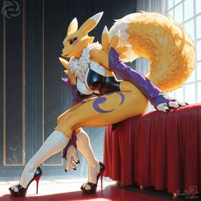 1girl animal_ears artist:humble_grifter artist_name black_footwear black_leotard black_sclera blue_eyes body_fur breasts bridal_gauntlets claws colored_sclera detached_sleeves digimon_(creature) facial_mark feet fox_ears fox_girl fox_tail from_side full_body furry furry_female high_heels indoors kneehighs large_breasts leaning_forward leg_tattoo legs leotard looking_at_viewer neck_fur purple_sleeves signature sitting snout socks solo tail tattoo thighs two-tone_fur watermark white_fur white_socks window yellow_fur yin_yang // 2000x2000 // 180KB