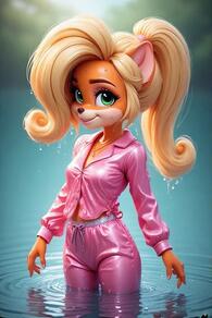 1girl animal_ears animal_nose artist:furryfunparty artist_name blonde_hair body_fur breasts character:Coco_Bandicoot female furry furry_female green_eyes long_hair long_sleeves looking_at_viewer necklace pants pink_pants pink_shirt ponytail shirt smile solo standing water watermark wet wet_clothes young // 512x768 // 41KB