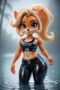 1girl animal_ears artist:furryfunparty artist_name bare_shoulders belt black_pants blonde_hair blurry_background body_fur breasts character:Coco_Bandicoot closed_mouth collarbone crop_top female furry furry_female green_eyes leather leather_pants long_hair looking_at_viewer midriff navel pants ponytail shiny_clothes small_breasts smile solo standing wading water wet wet_clothes young // 512x768 // 43KB
