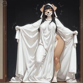 +++ 1girl animal_ears animal_nose artist:humble_grifter black_hair body_fur breasts closed_eyes dog_ears dog_girl full_body furry furry_female ghost_costume long_hair smile solo standing // 2000x2000 // 132KB