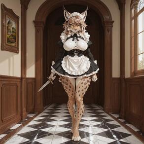 1girl animal_ear_fluff animal_ears animal_feet animal_nose apron artist:humble_grifter artist_name black_dress black_ribbon body_fur breasts brown_fur buttons cat_girl checkered_floor day dress frilled_apron frills full_body furry furry_female hair_between_eyes holding holding_knife holding_weapon indoors juliet_sleeves knife large_breasts long_sleeves looking_at_viewer maid maid_apron maid_headdress multicolored_fur paws picture_frame puffy_sleeves short_dress signature smile solo standing waist_apron weapon white_apron white_fur window yellow_eyes // 2000x2000 // 227KB