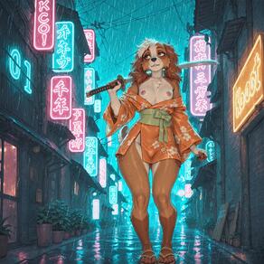 1girl animal_ears animal_nose artist:humble_grifter breasts brown_eyes brown_fur brown_hair full_body furry furry_female holding holding_sword holding_weapon japanese_clothes katana kimono multicolored_hair neon_lights night nipples no_bra obi off_shoulder outdoors over_shoulder plant potted_plant rain sandals sash short_kimono small_breasts solo standing sword tail two-tone_hair weapon weapon_over_shoulder wet white_hair // 2000x2000 // 471KB