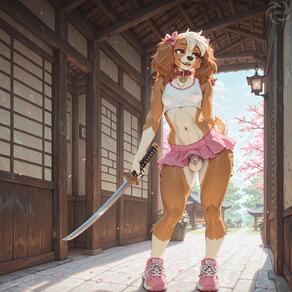 1girl animal_ears architecture artist:humble_grifter bow breasts brown_eyes brown_hair cherry_blossoms collar crop_top day dog_ears dog_girl dog_tail east_asian_architecture flaccid full_body furry furry_female futanari holding holding_sword holding_weapon katana navel outdoors penis petals pink_footwear pink_skirt shoes skirt sneakers solo standing sword tail testicles weapon // 2000x2000 // 243KB