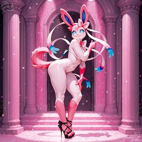 1girl :3 animal_ears artist:humble_grifter artist_name black_footwear blue_eyes blue_sclera blush body_fur bow bowtie breasts bright_pupils closed_mouth dated feet full_body furry furry_female hair_ribbon hand_on_own_knee hand_on_own_thigh hand_up happy high_heels indoors leaning_forward legs looking_at_viewer navel nude personification petals pillar pink_bow pink_fur pokemon_(creature) ribbon sandals shiny_skin signature smile solo standing stomach tail thick_thighs thighs toes two-tone_fur watermark white_fur white_pupils white_ribbon wide_hips // 2000x2000 // 206KB