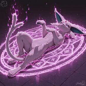 :3 artist:humble_grifter artist_name closed_mouth forehead_jewel forked_tail full_body furry glowing lying magic_circle navel no_humans on_back pokemon_(creature) purple_eyes signature solo tail watermark // 2000x2000 // 260KB