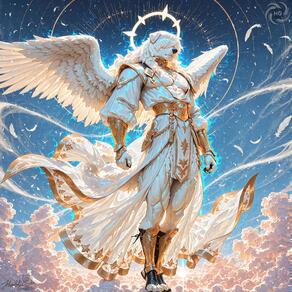 1boy angel angel_wings animal_ears artist:humble_grifter bara cloud feathered_wings feathers full_body furry furry_male halo lion_boy long_hair male_focus muscular pectorals sky solo star_(sky) white_hair wings // 2000x2000 // 597KB