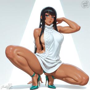 1girl aran_sweater artist:humble_grifter black_hair blunt_bangs breasts cable_knit dark-skinned_female dark_skin earrings high_heels human jewelry long_hair looking_at_viewer meme_attire muscular_female nail_polish panties sideboob solo spread_legs squatting sweat sweater sweater_dress thighs turtleneck_sweater underwear virgin_killer_sweater white_sweater // 2000x2000 // 121KB