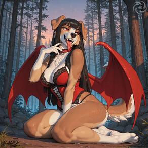 1girl animal_ears artist:humble_grifter artist_name black_hair blunt_bangs breasts collar corset dog_ears dog_girl dog_tail forest furry furry_female large_breasts long_hair nature outdoors panties red_eyes sitting solo tail tongue tongue_out underwear watermark wings // 2000x2000 // 289KB