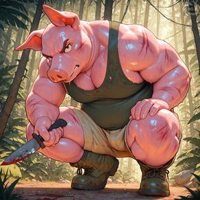 1boy animal_ears artist:humble_grifter bamboo bamboo_forest bara blood boots cuts fat forest full_body furry furry_male holding holding_knife injury knife male_focus muscular muscular_male nature outdoors pectorals pig_ears plump shorts solo squatting sweat tank_top thick_arms // 2000x2000 // 296KB