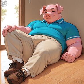 1boy animal_ears artist:humble_grifter bara blue_shirt brown_footwear fat full_body furry furry_male indoors looking_at_viewer male_focus pants pig plump polo_shirt shirt shoes socks solo // 2000x2000 // 179KB