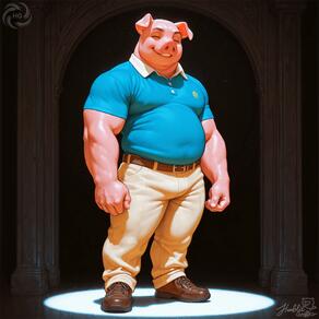 1boy animal_ears artist:humble_grifter bara belt blue_shirt brown_footwear closed_eyes collared_shirt fat full_body furry furry_male male_focus muscular muscular_male pants pectorals pig shirt shoes smile solo spotlight standing white_pants // 2000x2000 // 116KB