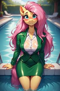 1girl animal_ears artist:furryfunparty blush breasts character:fluttershy female furry furry_female green_skirt jacket large_breasts long_hair looking_at_viewer my_little_pony outdoors pink_hair pool shirt skirt solo suit tail water wet wet_clothes wet_shirt white_shirt // 512x768 // 45KB
