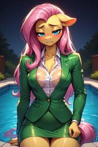 1girl animal_ears artist:furryfunparty blue_eyes blush breasts character:fluttershy cleavage female furry furry_female green_jacket green_skirt horse_ears jacket large_breasts long_hair looking_at_viewer my_little_pony outdoors personification pink_hair pool see-through shirt sitting skirt solo suit tail wet wet_clothes wet_shirt white_shirt // 512x768 // 43KB