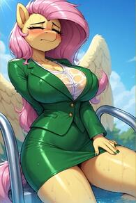 1girl animal_ears artist:furryfunparty blush breasts character:fluttershy closed_eyes day feathered_wings female furry furry_female green_skirt jacket large_breasts long_hair my_little_pony outdoors pink_hair shirt skirt sky solo suit tail wet wet_clothes white_shirt wings // 512x768 // 46KB