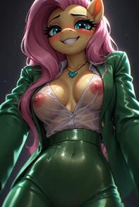 1girl animal_ears artist:furryfunparty blush breasts character:fluttershy collared_shirt covered_navel female furry furry_female green_jacket green_pants grin heart jacket jewelry long_hair looking_at_viewer my_little_pony necklace nipples no_bra open_clothes pants pink_hair see-through shirt smile snout solo suit teeth wet wet_clothes wet_shirt white_shirt // 512x759 // 33KB