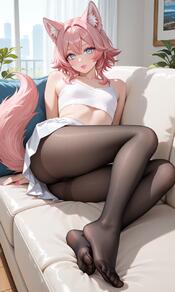1boy ai_generated black_pantyhose blue_eyes city_background couch feet femboy fluffy_tail kemonomimi legs_together looking_at_viewer makeup no_shoes pantyhose pink_hair pink_lipstick pink_nails plant sheer sheer_black sheer_black_pantyhose sofa soles thighs toes white_crop_top white_skirt wolf_ears wolf_tail // 768x1280 // 773KB