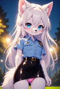 1girl animal_ear_fluff animal_ears artist:furryfunparty ass_visible_through_thighs belt black_skirt blue_eyes blue_shirt blush cameltoe character:yuki dog_ears female furry furry_female loli long_hair miniskirt night night_sky outdoors panties pantyshot pencil_skirt petite pink_panties police police_uniform policewoman shirt short_sleeves skirt sky smile solo tail underwear uniform white_hair // 512x768 // 141KB
