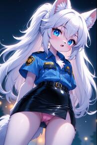 1girl animal_ear_fluff animal_ears artist:furryfunparty belt black_skirt blue_eyes blue_shirt character:yuki female furry furry_female loli long_hair looking_at_viewer miniskirt night night_sky open_mouth panties pantyshot pencil_skirt petite pink_panties police police_uniform policewoman shirt short_sleeves skirt solo tail thighs underwear uniform white_hair // 512x768 // 148KB