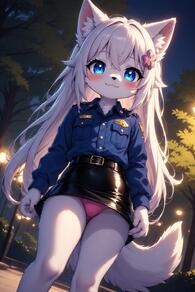 1girl :3 animal_ear_fluff animal_ears artist:furryfunparty black_skirt blue_eyes blue_shirt blush character:yuki collared_shirt female furry furry_female hair_ornament lamppost loli long_hair looking_at_viewer miniskirt night outdoors panties pantyshot pencil_skirt petite pink_panties police police_uniform policewoman shirt skirt sky smile solo tail underwear uniform white_hair // 512x768 // 144KB