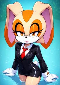 1girl animal_ears artist:furryfunparty black_jacket character:cream_the_rabbit female formal furry furry_female gloves jacket loli looking_at_viewer necktie pencil_skirt rabbit_ears rabbit_girl rabbit_tail shirt skirt smile solo tail uniform water wet white_gloves // 512x731 // 114KB