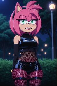 1girl alternate_costume animal_ears artist:furryfunparty bare_shoulders black_gloves black_shorts breasts bush character:amy_rose cowboy_shot crop_top elbow_gloves female fishnet_pantyhose fishnets furry furry_female gloves goth green_eyes hairband lamppost leather looking_at_viewer medium_breasts midriff moon night night_sky outdoors pink_fur pink_hair shiny_clothes short_shorts shorts sky solo teeth tree // 512x768 // 133KB