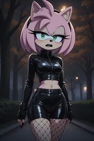1girl alternate_costume animal_ears animal_nose artist:furryfunparty black_gloves black_shorts breasts character:amy_rose crop_top female fingerless_gloves fishnet_pantyhose fishnets furry furry_female gloves goth green_eyes hairband lamppost leather long_sleeves looking_at_viewer medium_breasts midriff navel night open_mouth outdoors pantyhose pink_fur shiny_clothes short_shorts shorts sky solo tail teeth tree zipper zipper_pull_tab // 512x768 // 109KB