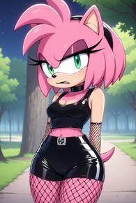 1girl alternate_costume animal_ears artist:furryfunparty bare_shoulders black_shorts breasts character:amy_rose cleavage crop_top female fishnet_gloves fishnet_pantyhose fishnets furry furry_female gloves goth green_eyes hairband leather looking_at_viewer medium_breasts night outdoors pantyhose pink_fur shiny_clothes shorts sky solo tail teeth tree // 512x768 // 143KB