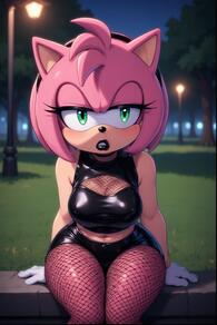 1girl animal_ears artist:furryfunparty bare_shoulders black_lips black_shorts breasts character:amy_rose cleavage crop_top female fishnet_pantyhose fishnets furry furry_female gloves goth goth_fashion green_eyes hairband lamppost leather lipstick looking_at_viewer makeup medium_breasts midriff navel night outdoors pantyhose shorts sitting solo white_gloves // 512x768 // 123KB