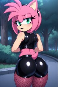 1girl animal_ears artist:furryfunparty ass black_shorts character:amy_rose crop_top female fishnets furry furry_female goth green_eyes hairband leather looking_at_viewer looking_back open_mouth outdoors pantyhose shiny_clothes shorts solo tail // 512x768 // 113KB