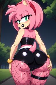 1girl animal_ears artist:furryfunparty ass ass_focus ass_grab black_lips blush bracelet cameltoe character:amy_rose female fishnet_pantyhose fishnets furry furry_female goth green_eyes hairband leather looking_at_viewer looking_back makeup outdoors pantyhose red_hairband shiny_clothes shorts solo tail // 512x768 // 120KB