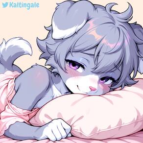 anthro artist:kaltingale bed blush character:espurr femboy floppy_ears grey_fur looking_at_viewer lying male nightgown pillow pokemon purple_eyes short_hair smile solo tail white_fur // 1536x1536 // 121KB