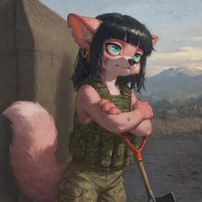 1girl animal_ears black_hair blunt_bangs camouflage camouflage_pants closed_mouth crossed_arms earrings furry furry_female jewelry medium_hair outdoors pants shovel solo tail vest // 1216x1216 // 66KB