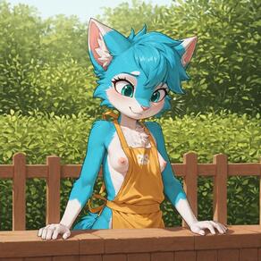 1girl animal_ears animal_nose apron blue_fur blue_hair blush body_fur breasts bush day fence furry furry_female green_eyes looking_down naked_apron nipples outdoors small_breasts smile snout solo yellow_apron // 1632x1632 // 202KB