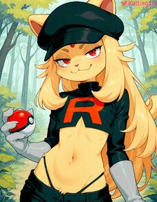 1girl animal_ears animal_nose artist:kaltingale black_headwear blonde_hair body_fur closed_mouth crop_top fang forest furry furry_female gloves hat highleg_panties holding holding_poke_ball long_hair looking_at_viewer midriff nature navel outdoors panties poke_ball poke_ball_(basic) red_eyes smile solo species:persian tail team_rocket team_rocket_uniform tree underwear white_gloves // 1344x1728 // 150KB