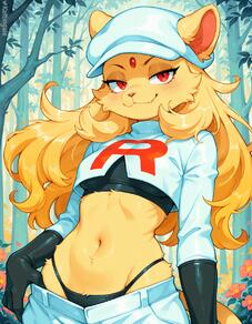 1girl animal_ears artist:kaltingale black_gloves black_panties blonde_hair blush breasts crop_top forest furry furry_female gloves hat long_hair looking_at_viewer nature navel outdoors panties red_eyes smile solo species:persian tail team_rocket team_rocket_uniform underwear // 1344x1728 // 178KB