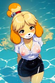 1girl animal_ears artist:furryfunparty bell blonde_hair blush breasts brown_eyes character:isabelle(animal_crossing) cleavage dog_ears dog_girl female furry furry_female hair_bell large_breasts leather looking_at_viewer nipples no_bra pencil_skirt see-through shirt skirt smile solo suit topknot water wet wet_clothes wet_shirt white_shirt // 512x768 // 131KB