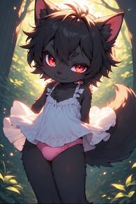 1boy animal_ear_fluff animal_ears arms_behind_back artist:furryfunparty character:ash dress femboy forest furry furry_male looking_at_viewer male_focus nature outdoors panties pink_panties red_eyes short_hair shota smile solo tail underwear white_dress young // 512x768 // 141KB