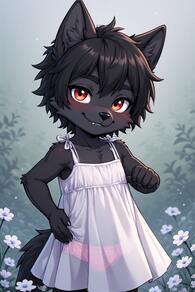 1boy animal_ears artist:furryfunparty black_hair character:ash dress femboy flower furry furry_male looking_at_viewer male_focus panties red_eyes shota smile solo tail underwear young // 512x768 // 123KB