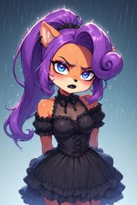 1girl animal_ears artist:furryfunparty bare_shoulders black_dress black_lips blue_eyes breasts character:Coco_Bandicoot dress female frilled_dress furry furry_female goth long_hair looking_at_viewer makeup ponytail purple_hair rain solo wet // 512x768 // 134KB
