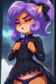 1girl animal_ears animal_nose artist:furryfunparty black_dress black_panties blush bow bow_panties character:Coco_Bandicoot dress dress_lift female frilled_dress frilled_panties frills furry furry_female goth green_eyes hair_bow long_sleeves neck_ribbon orange_fur panties ponytail purple_hair purple_panties rain ribbon solo underwear wet wet_clothes // 512x768 // 134KB