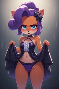 1girl animal_ears artist:furryfunparty blush bow breasts character:Coco_Bandicoot clothes_lift dress dress_lift female furry furry_female goth lifted_by_self looking_at_viewer navel panties purple_hair purple_panties rain small_breasts solo underwear wet // 512x768 // 109KB