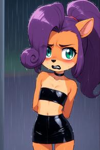 1girl animal_ears arms_behind_back artist:furryfunparty bandeau black_skirt blush character:Coco_Bandicoot choker female furry furry_female goth green_eyes long_hair looking_at_viewer miniskirt navel ponytail purple_hair rain skirt solo teeth tube_top wet // 512x768 // 101KB
